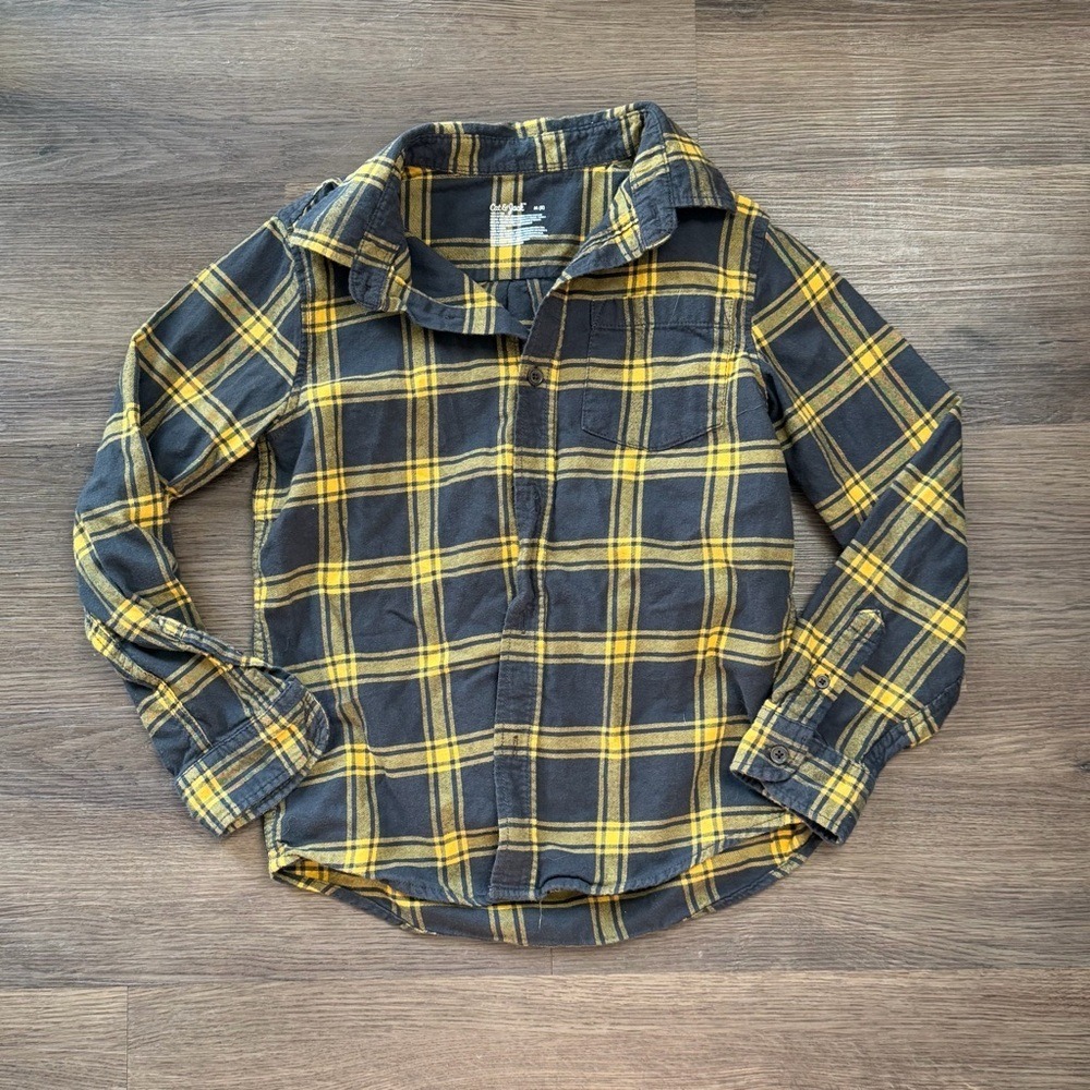 Cat & Jack Boys Yellow Black Plaid Flannel Button Down Shirt‎ Size M 8